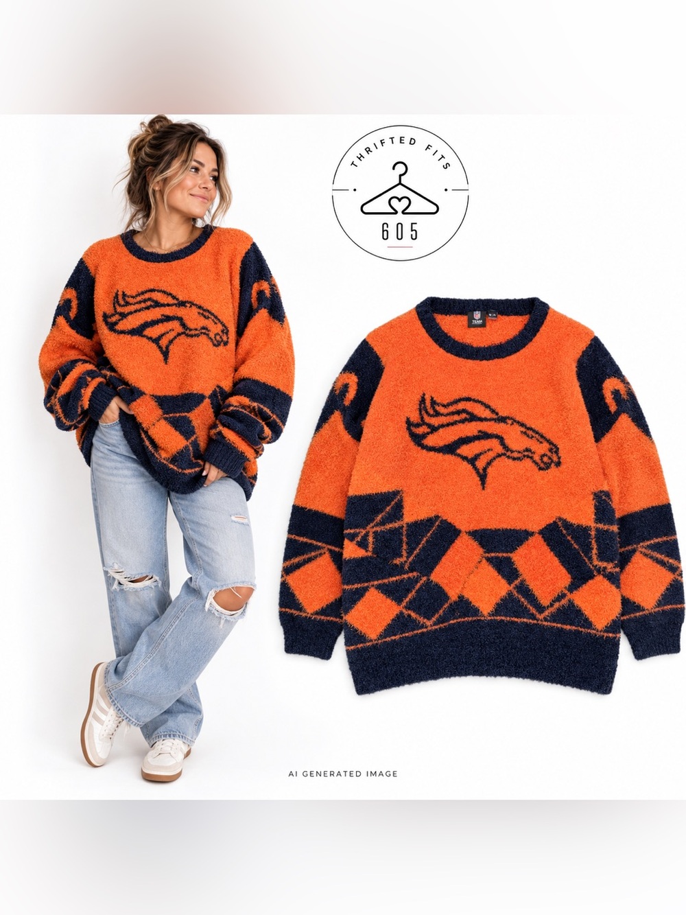 NFL Orange and Navy Fuzzy Crewneck Sweater